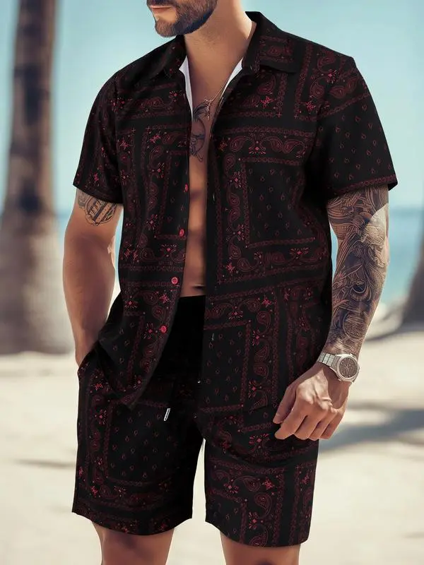 Men's All-Over Print Shirt & Shorts Set Casual Button Collar, Drawstring Waist, Tropical Summer