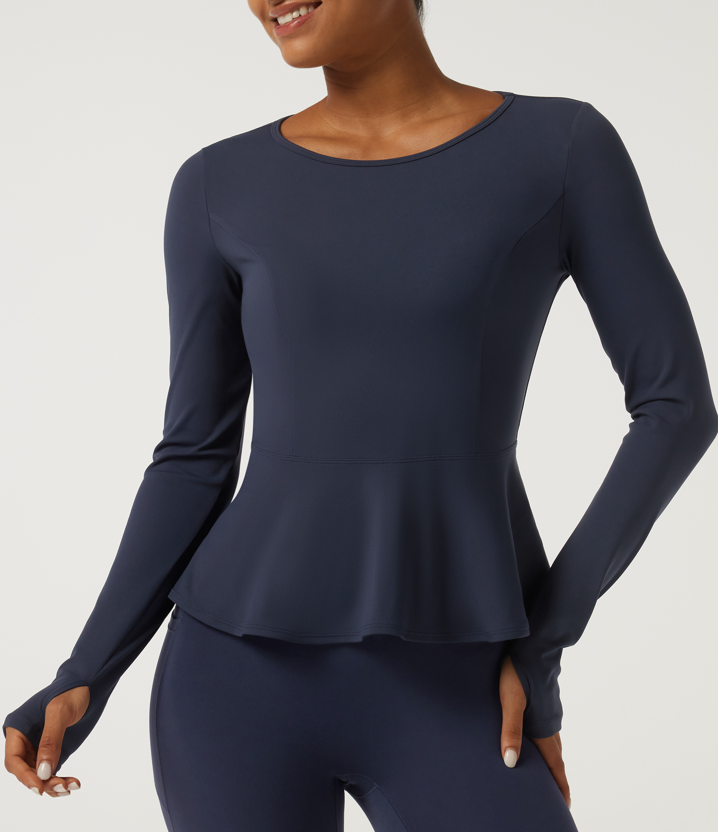 Round Neck Long Sleeve Ruffle Hem Yoga Sports Top with Thumbholes