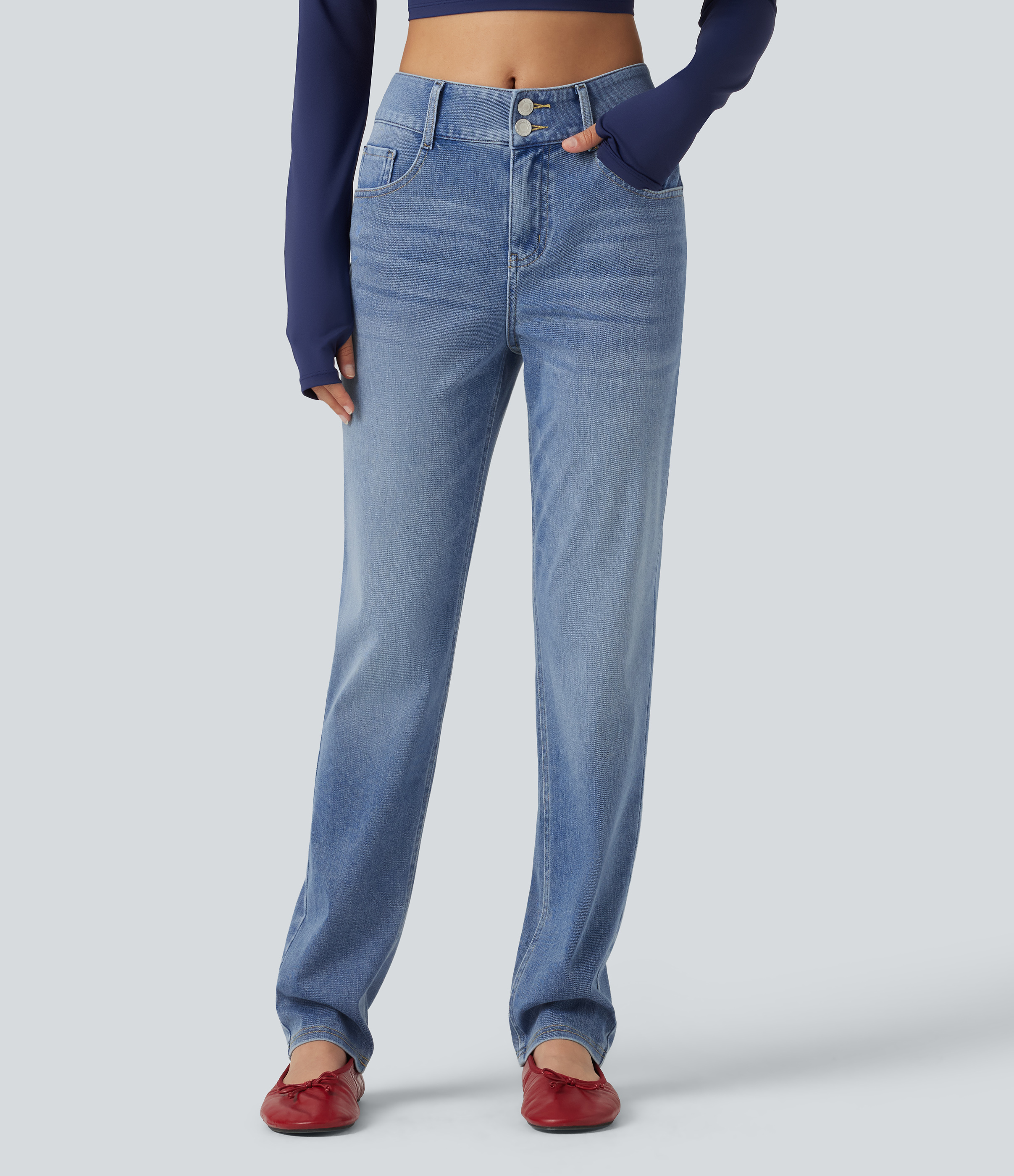 Halara Flex™ Mid Rise Straight Leg Casual Cotton Jeans with Pockets
