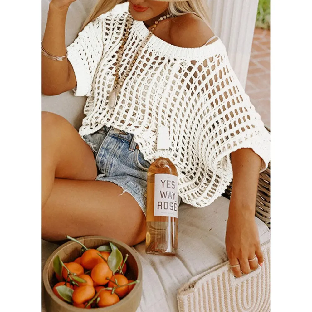 🔥Last day promotion🔥Women's Scoop Neck Crochet Knit Short Sleeve Sweater Top
