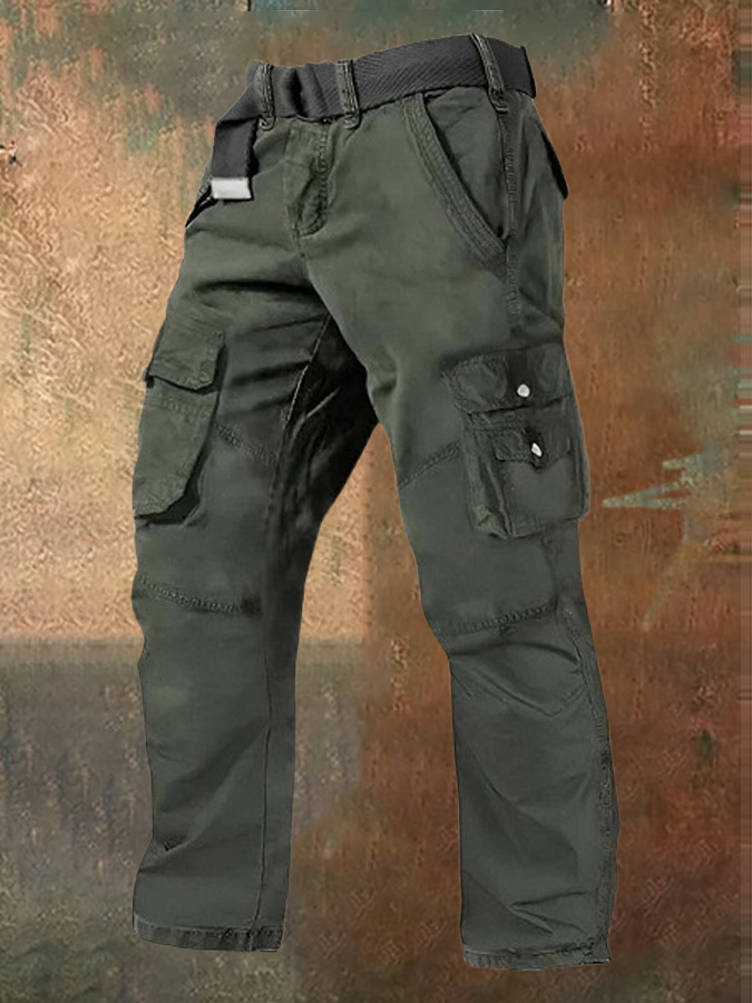 Men's Multi Pocket Plain Breathable Moisture Outdoor Daily Camping & Hiking Pants (Belt Included)
