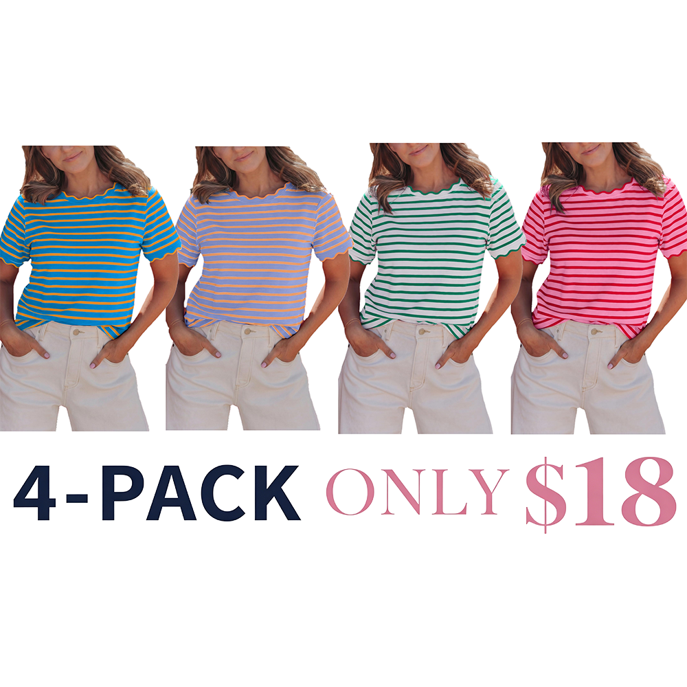 Women's Top Stripe Scalloped Trim Round Neck T Shirt
