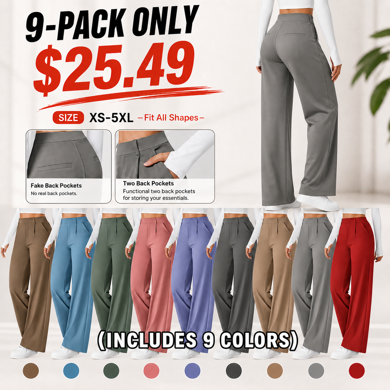 ⚡Summer Sale!High Waisted Side Pocket Straight Leg Work Pants