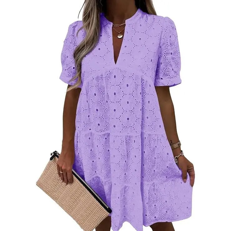 Women’s Summer Lace Dresses Eyelet Casual Flowy Babydoll Swing Short Sleeve V Neck Tunic Dress