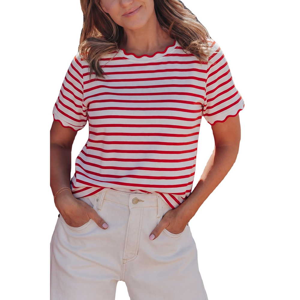 Women's Top Stripe Scalloped Trim Round Neck T Shirt