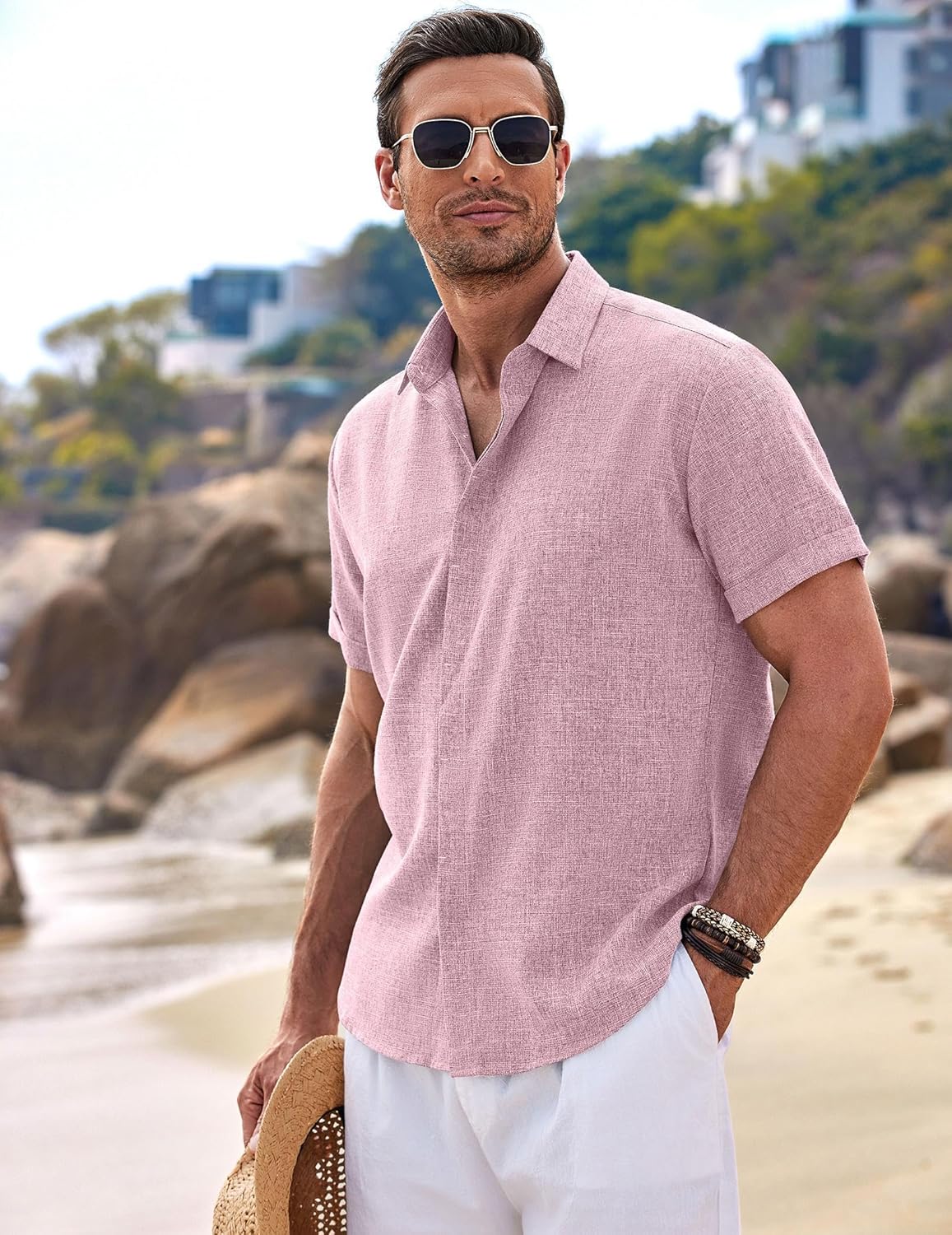 Men's Linen Shirts Short Sleeve Casual Shirts Button Down Shirt for Men Beach Summer Wedding Shirt