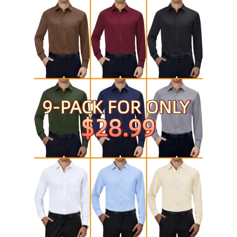 💪Mens Dress Shirts 4-Way Stretch Long Sleeve Collared Casual Solid Wedding Dating Button Down Shirt