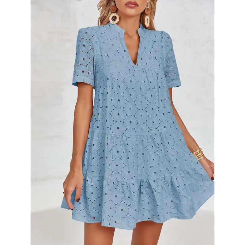 Women’s Summer Lace Dresses Eyelet Casual Flowy Babydoll Swing Short Sleeve V Neck Tunic Dress