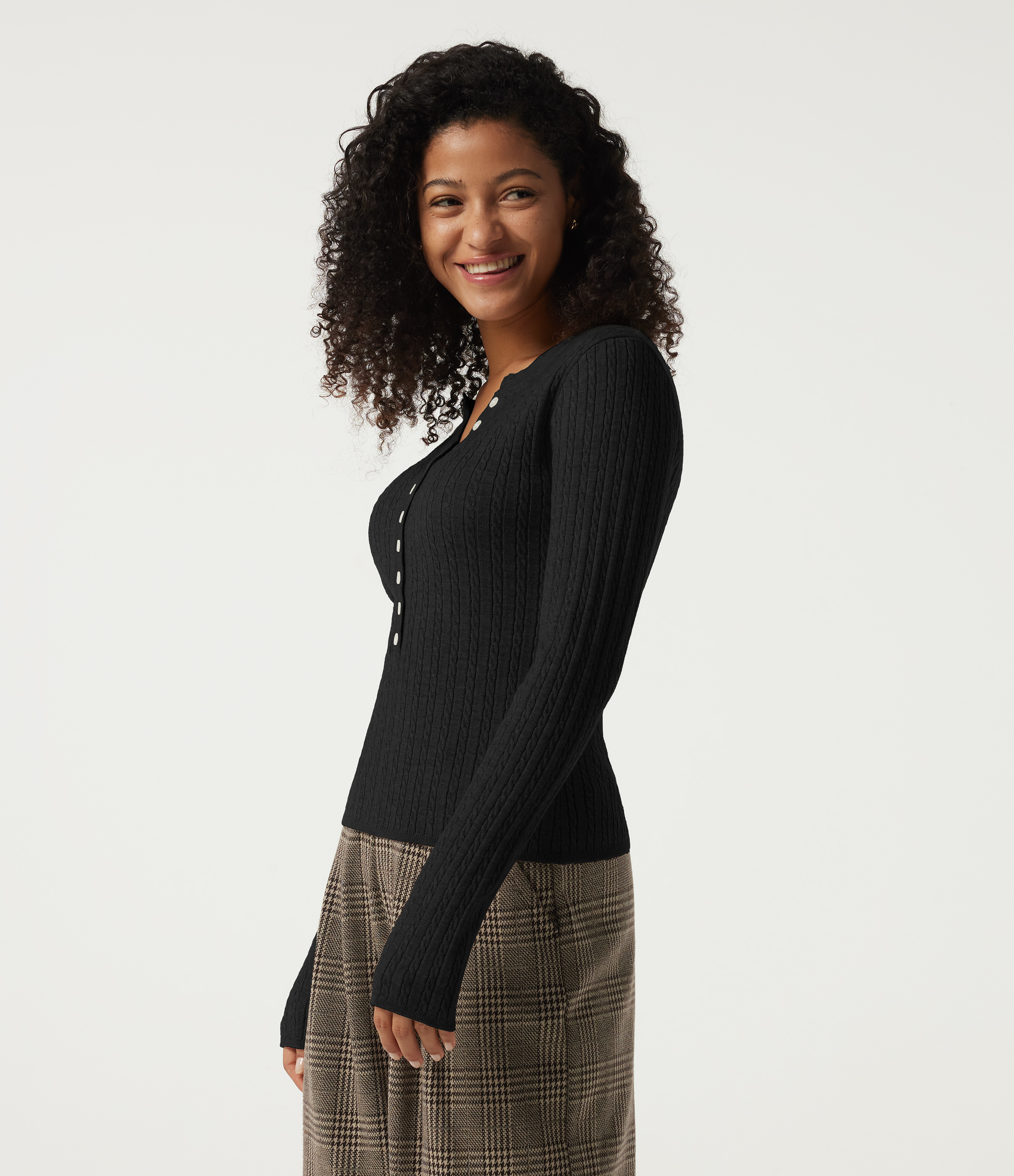 Henley Neck Cable Stitch Long Sleeve Work Sweater