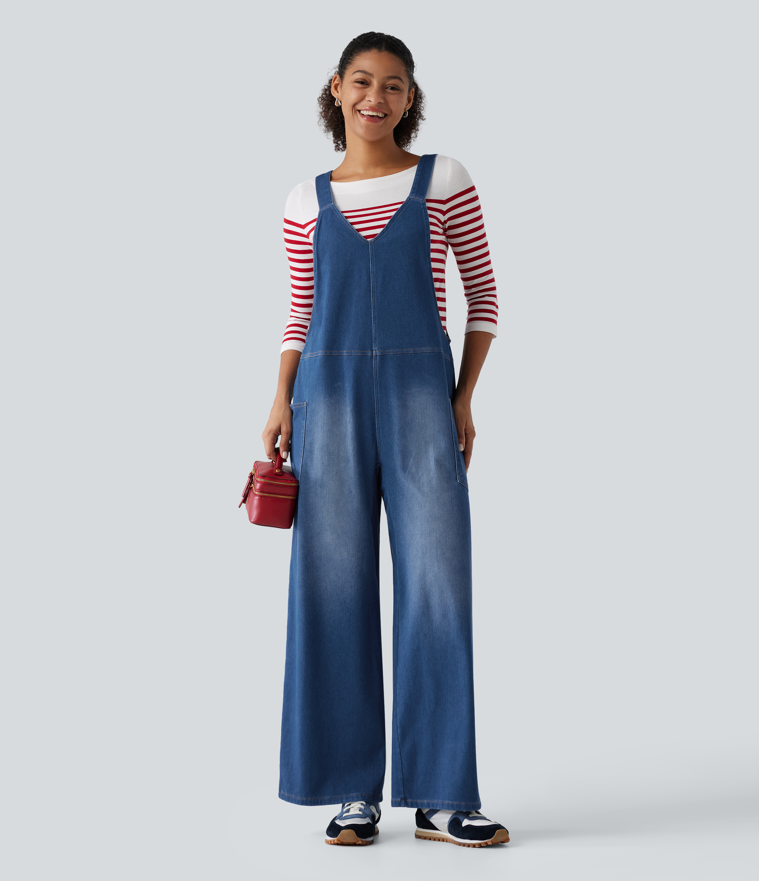 Halara Flex™ V Neck Wide Leg Denim Casual Overalls with Pockets