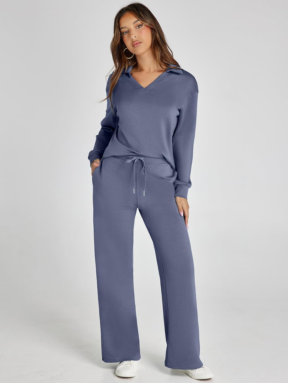 Women's 2 Piece Sets Outfits Casual Long Sleeve Sweatsuits Polo Top and Wide Leg Pants Matching Sets