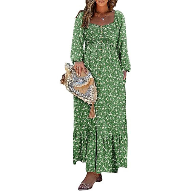 🔥2025 CRAZY DEAL🔥Spring Dresses for Women 2025 Boho Floral Smocked Square Neck Long Sleeve Button Down Beach Long Maxi Dress