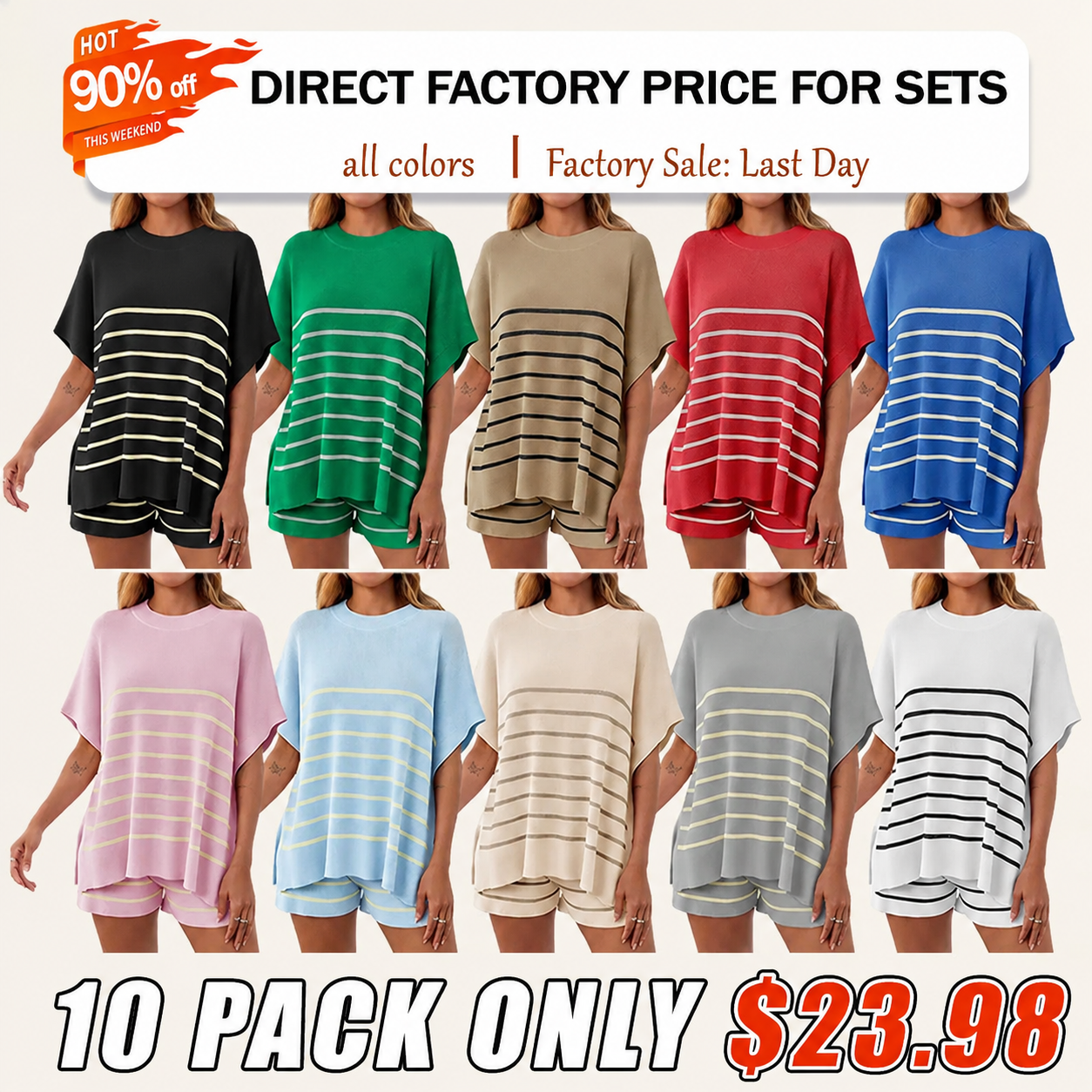 ⏰24HR 90% OFF🔥 Women's Striped 2 Piece Outfits Oversized Batwing Short Sleeve Tops High Waisted Shorts Summer Knit Lounge Short Sets