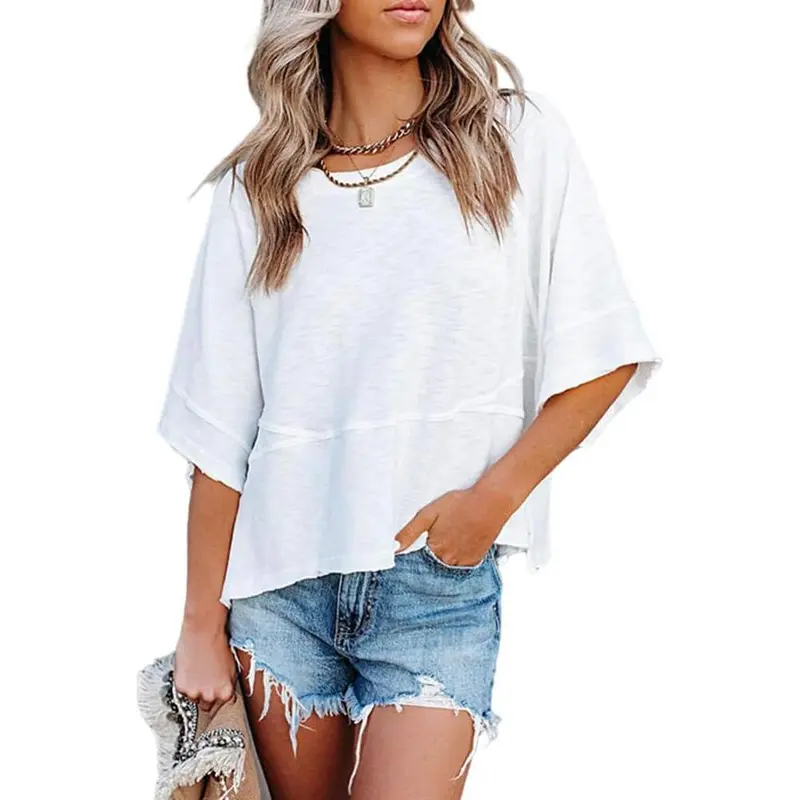 🔥Women's Summer Casual Crewneck Batwing Half Sleeve T-Shirts Solid Color Loose Fit Cute Basic Flowy Tops Tees Blouses