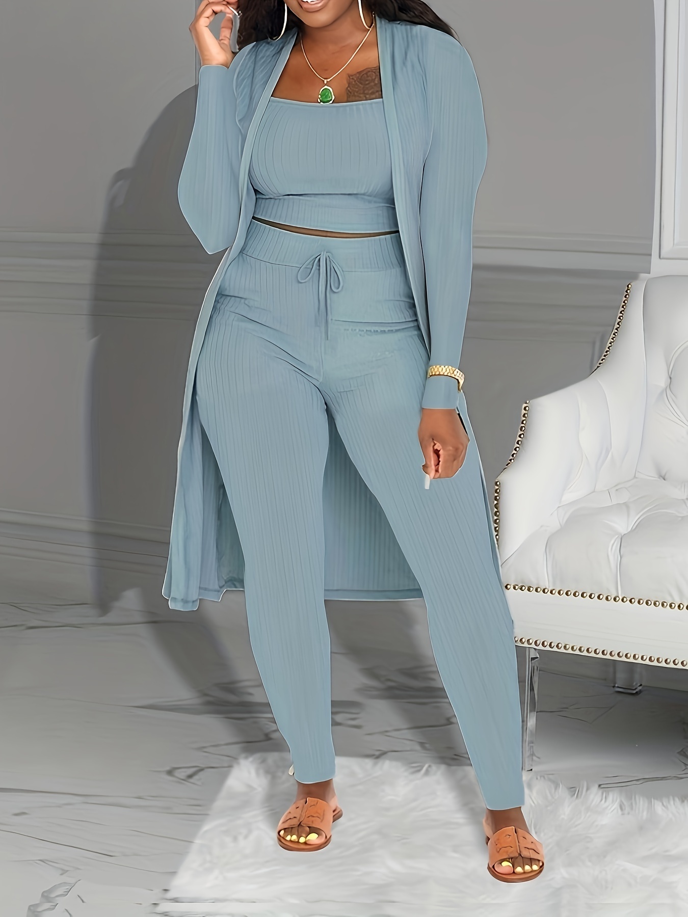 Women 3 Piece Wide Leg Pants Set Casual Long Sleeve Jacket Cardigan With Solid Tank Pants Set Dinner Suit Women