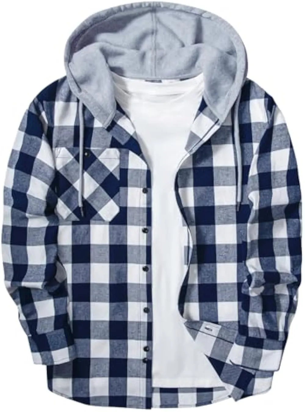 Men’s Plus Size Plaid Patchwork Hooded Jacket – Button Front Casual Outerwear with Pockets