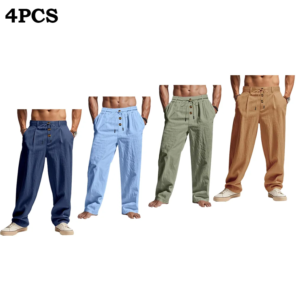 Men's Solid Button Design Linen Pants
