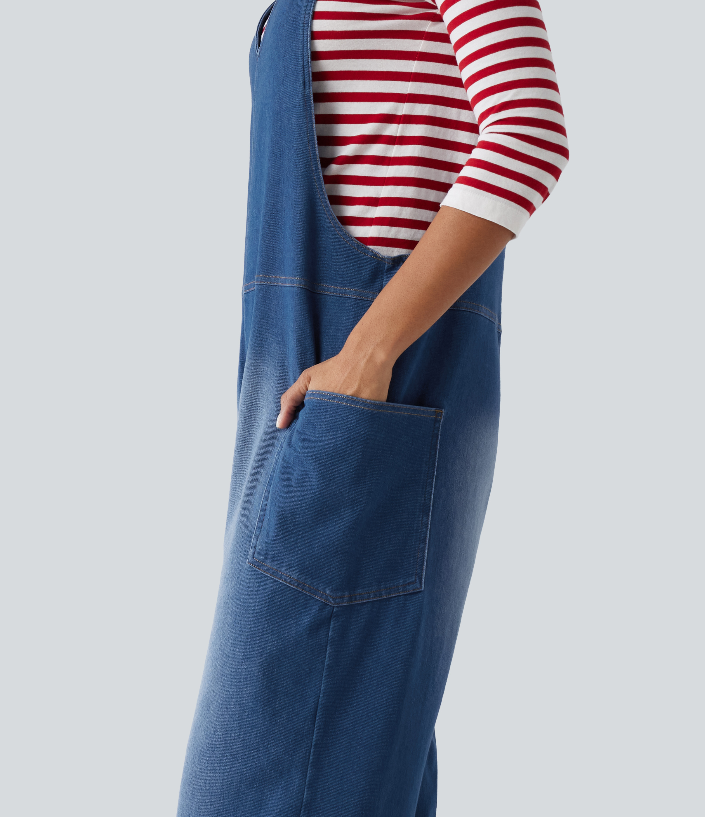 Halara Flex™ V Neck Wide Leg Denim Casual Overalls with Pockets