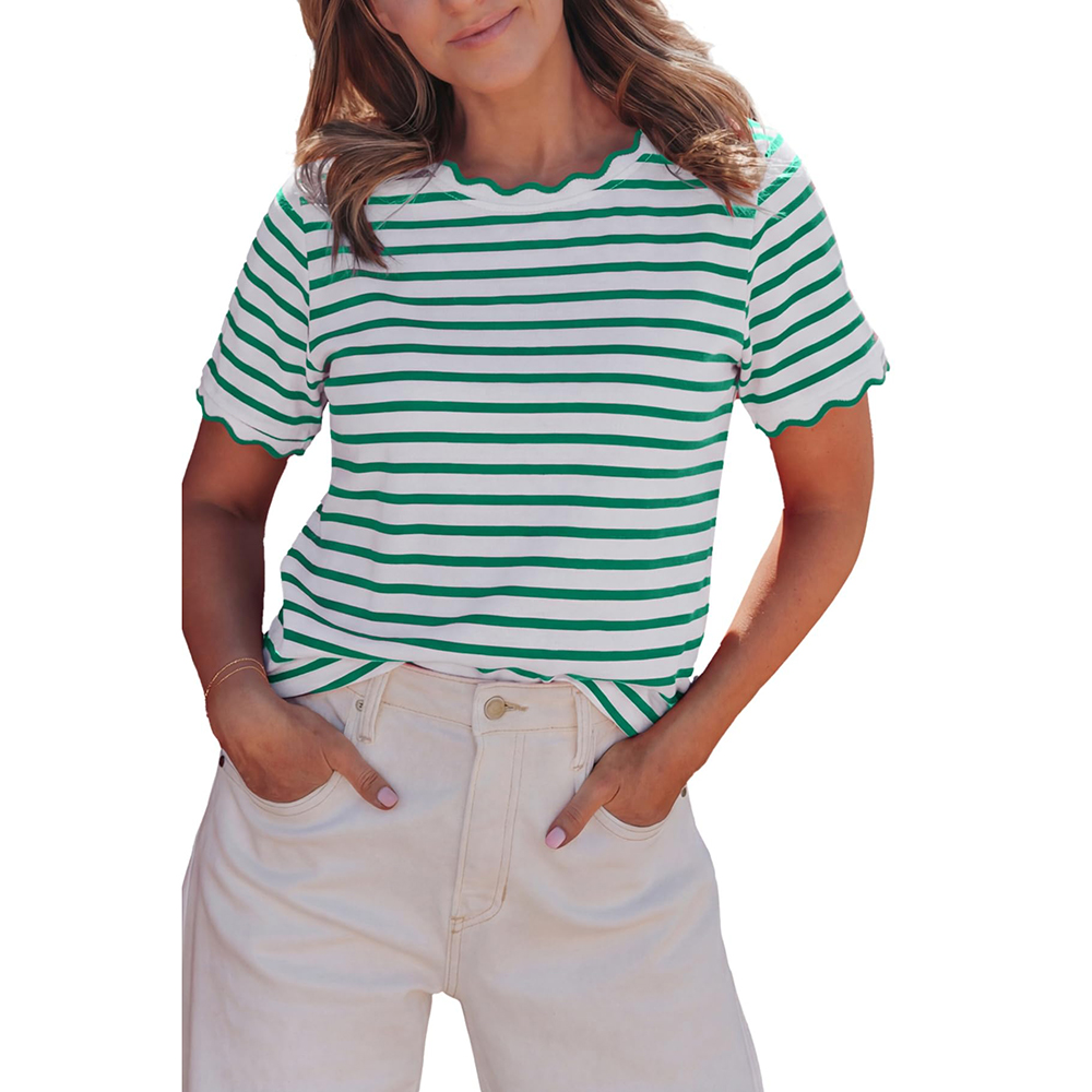 Women's Top Stripe Scalloped Trim Round Neck T Shirt