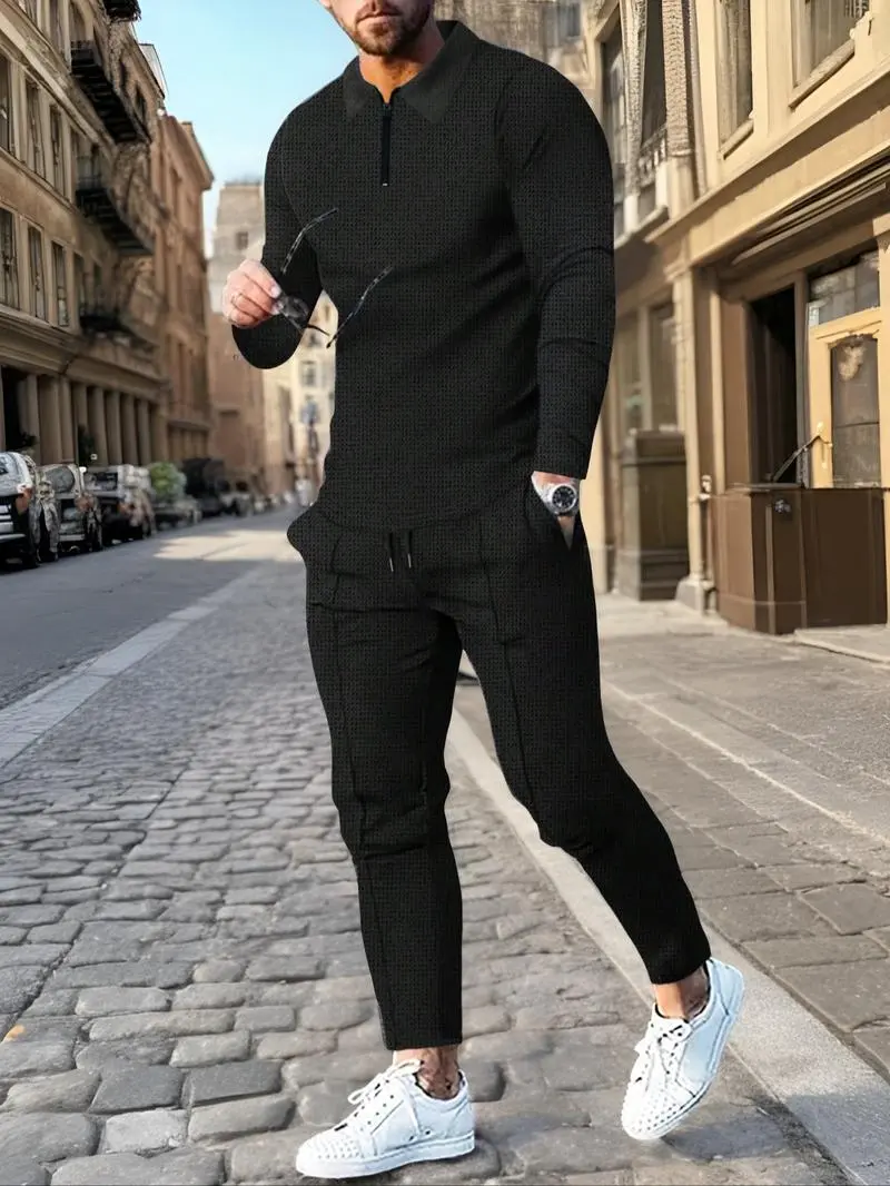Men's Solid Textured Long Sleeve Polo Shirt & Drawstring Waist Pants Set
