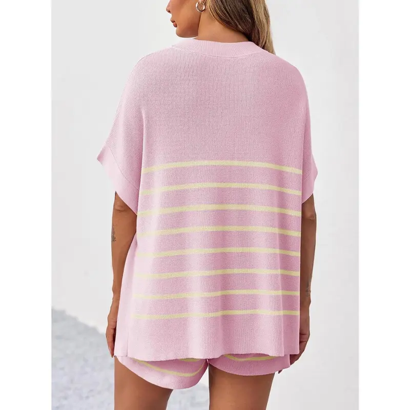 ⏰24HR 90% OFF🔥 Women's Striped 2 Piece Outfits Oversized Batwing Short Sleeve Tops High Waisted Shorts Summer Knit Lounge Short Sets