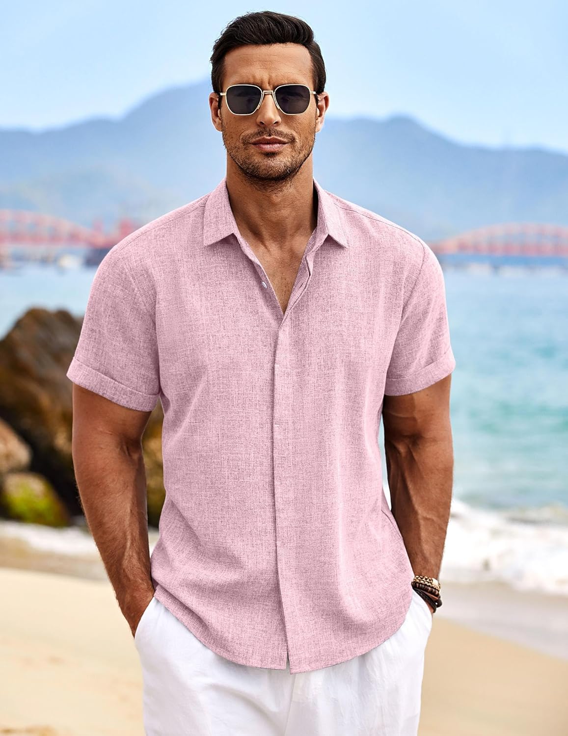 Men's Linen Shirts Short Sleeve Casual Shirts Button Down Shirt for Men Beach Summer Wedding Shirt