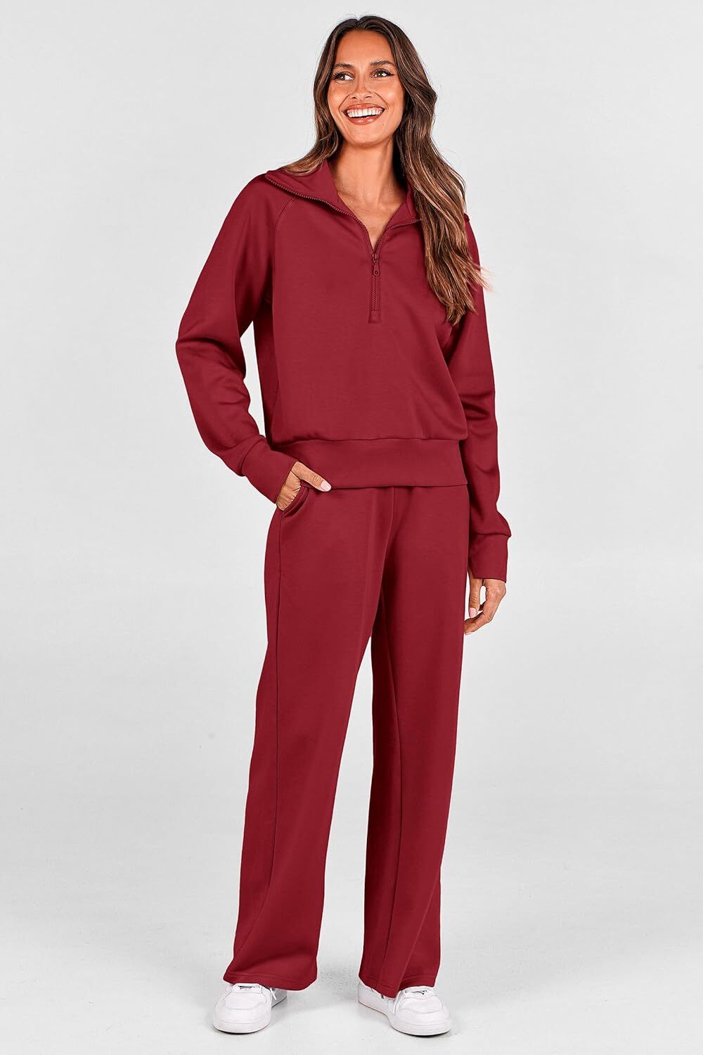 Women's 2 Piece Outfits Casual Lapel Half Zip Sweatshirts And Wide Leg Pants Tracksuit Sets