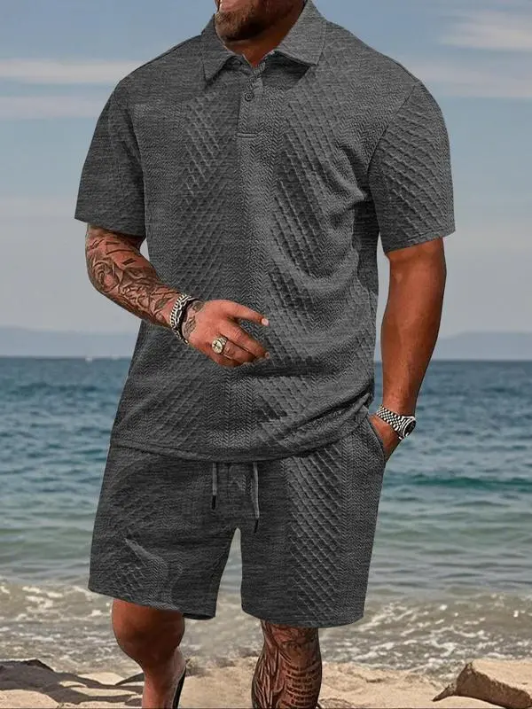 Men's Solid Polo & Drawstring Shorts Set Cozy, Breathable for Daily/Beach, Summer Casual