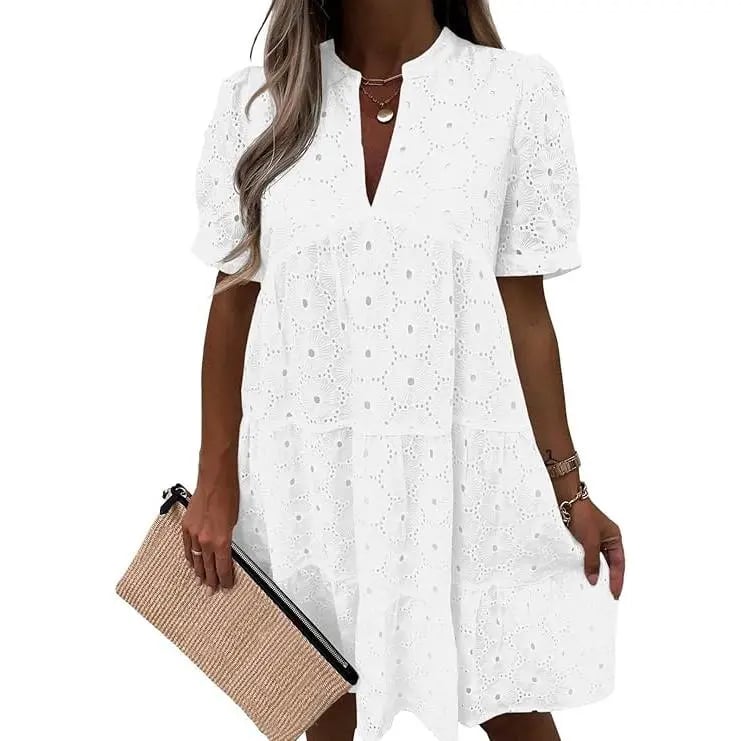 Women’s Summer Lace Dresses Eyelet Casual Flowy Babydoll Swing Short Sleeve V Neck Tunic Dress