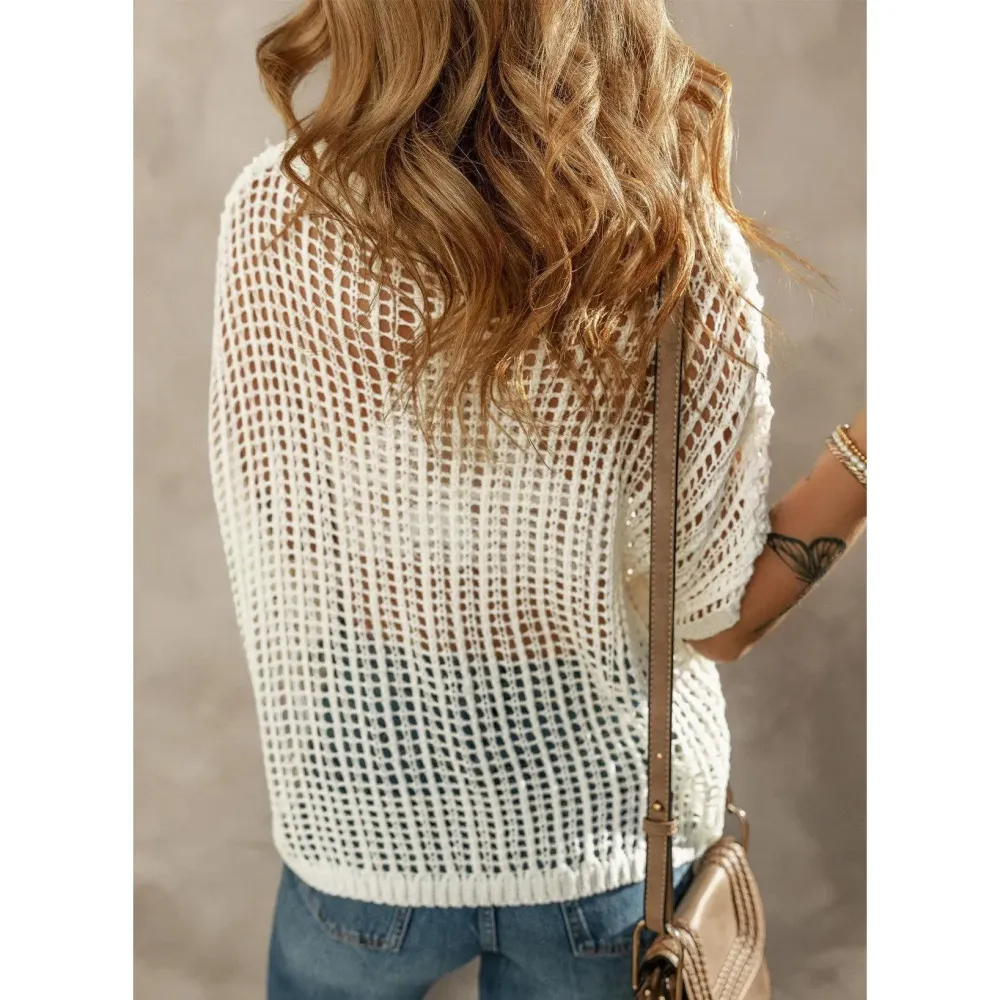 🔥Last day promotion🔥Women's Scoop Neck Crochet Knit Short Sleeve Sweater Top