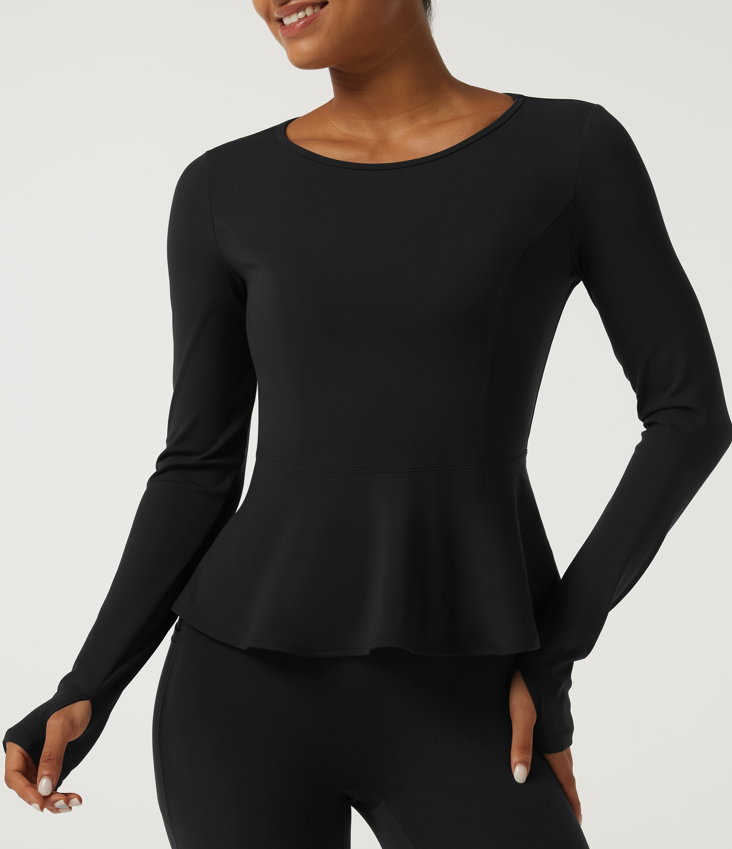 Round Neck Long Sleeve Ruffle Hem Yoga Sports Top with Thumbholes