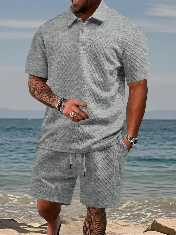 Men's Solid Polo & Drawstring Shorts Set Cozy, Breathable for Daily/Beach, Summer Casual