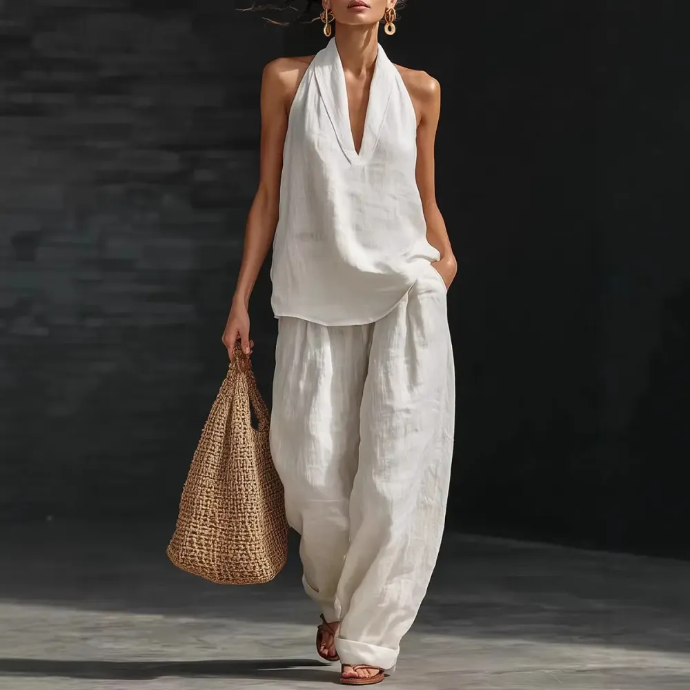 Women's Boho Linen Two Piece Set Halter Neck Sleeveless Top & Wide Leg Pants Beach Vacation Brunch Casual Outfit