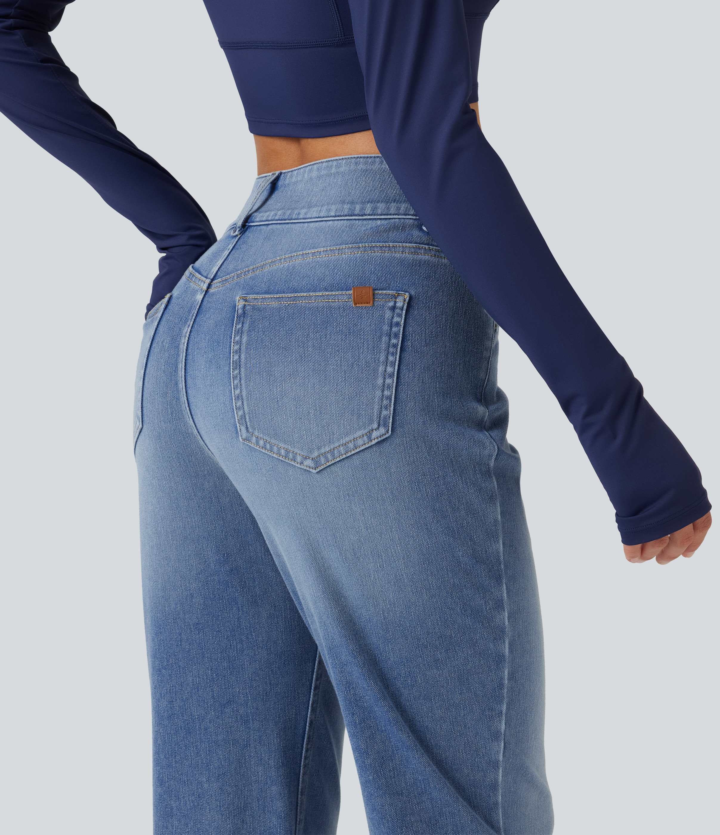 Halara Flex™ Mid Rise Straight Leg Casual Cotton Jeans with Pockets