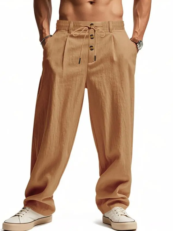Men's Solid Button Design Linen Pants