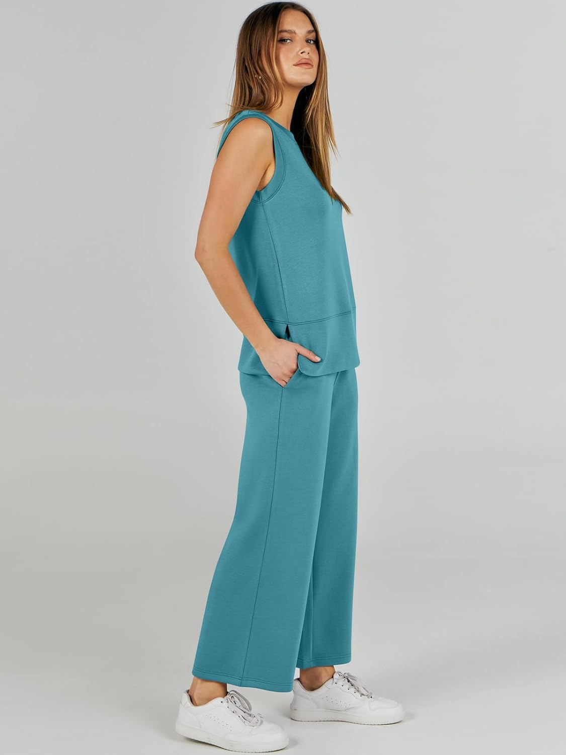 Women's 2 Piece Sets Summer Outfits Sleeveless Wide Leg Tracksuits Casual Sweat Sets Lounge Sweatsuits