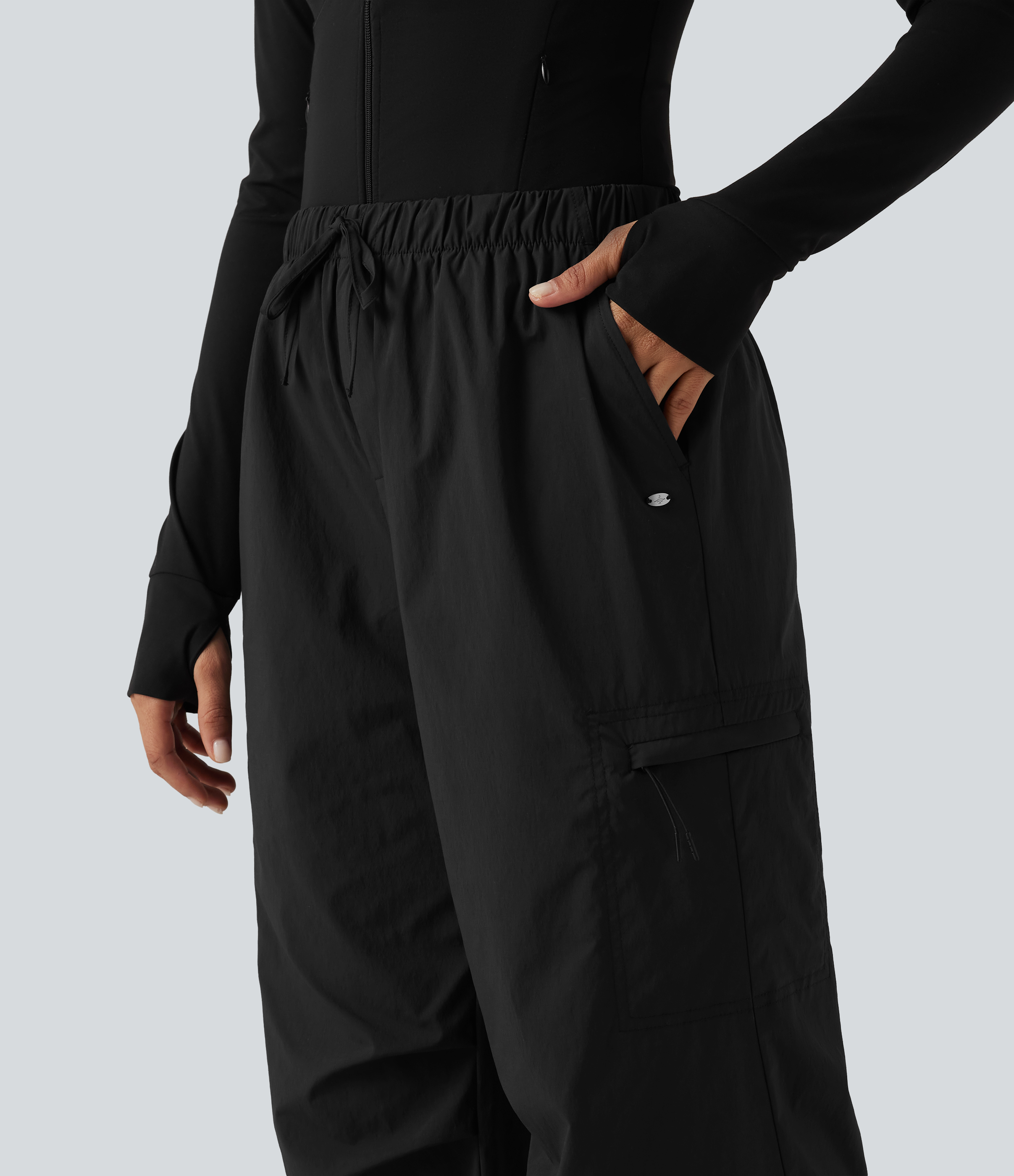 Mid Rise Drawstring Ruched Wide Leg Hiking Pants with Pockets