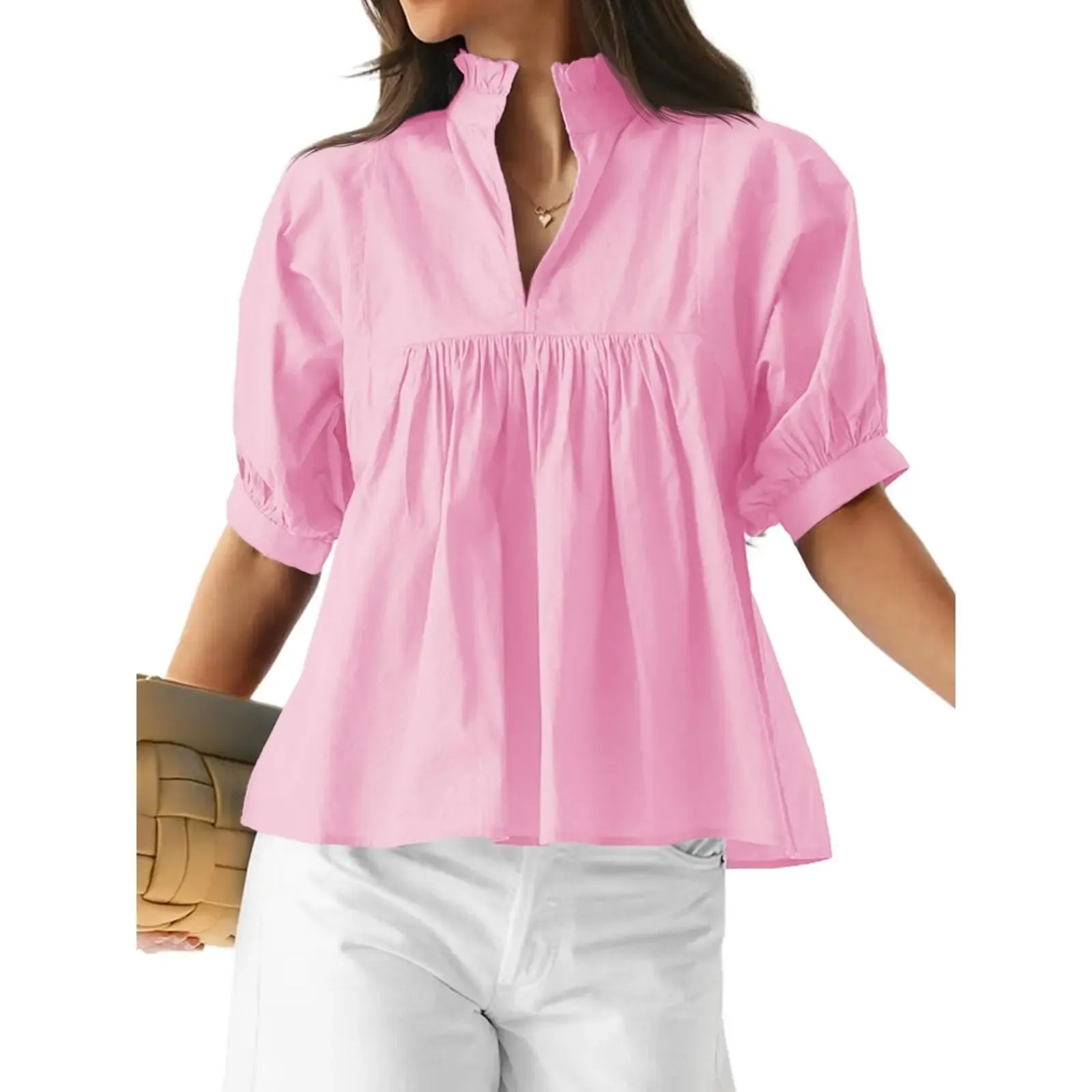 Womens V Neck Puff Sleeve Blouse Babydoll Peplum Tops Dressy Casual Pleated Loose Fit Shirts