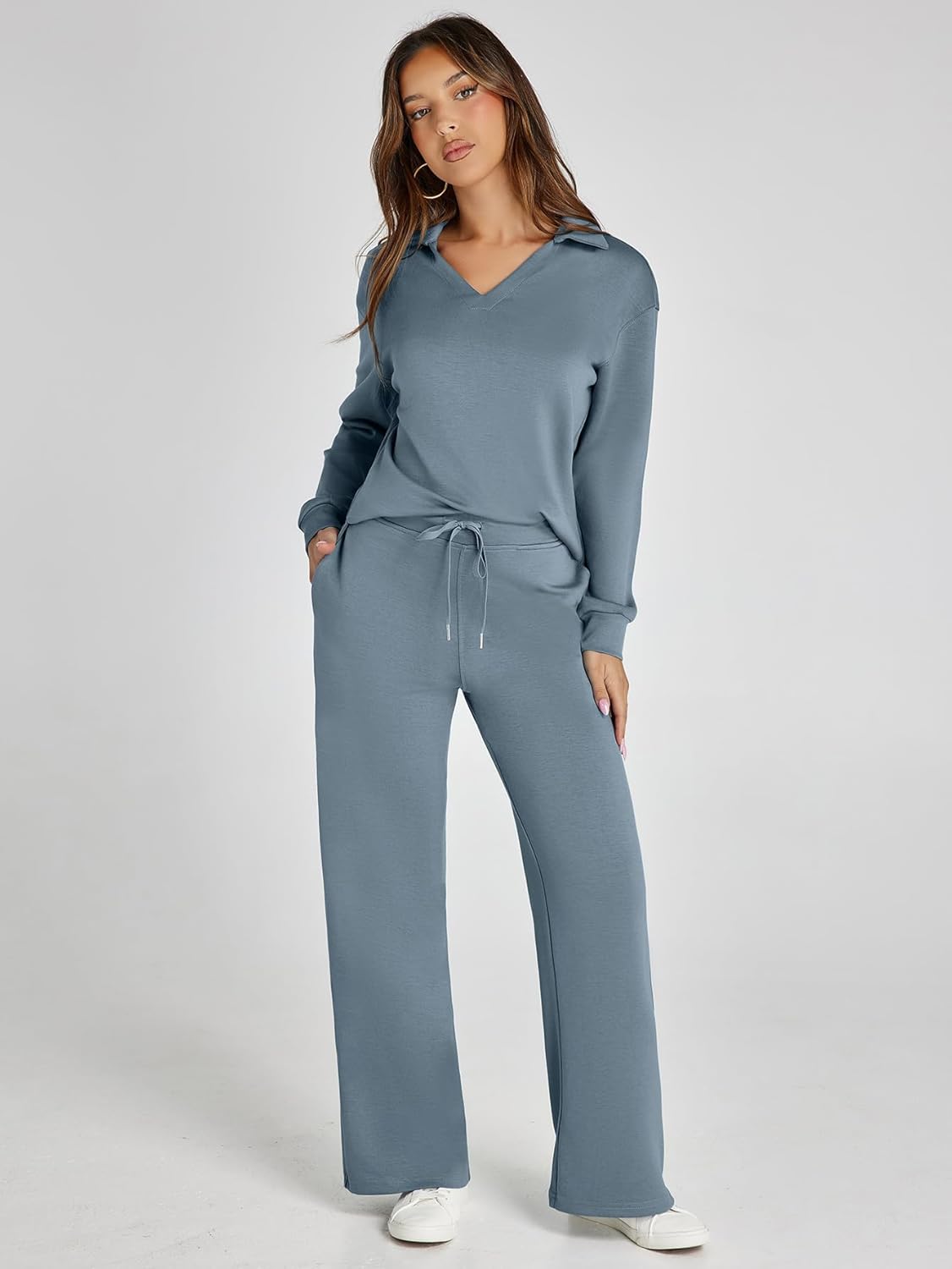 Women's 2 Piece Sets Outfits Casual Long Sleeve Sweatsuits Polo Top and Wide Leg Pants Matching Sets