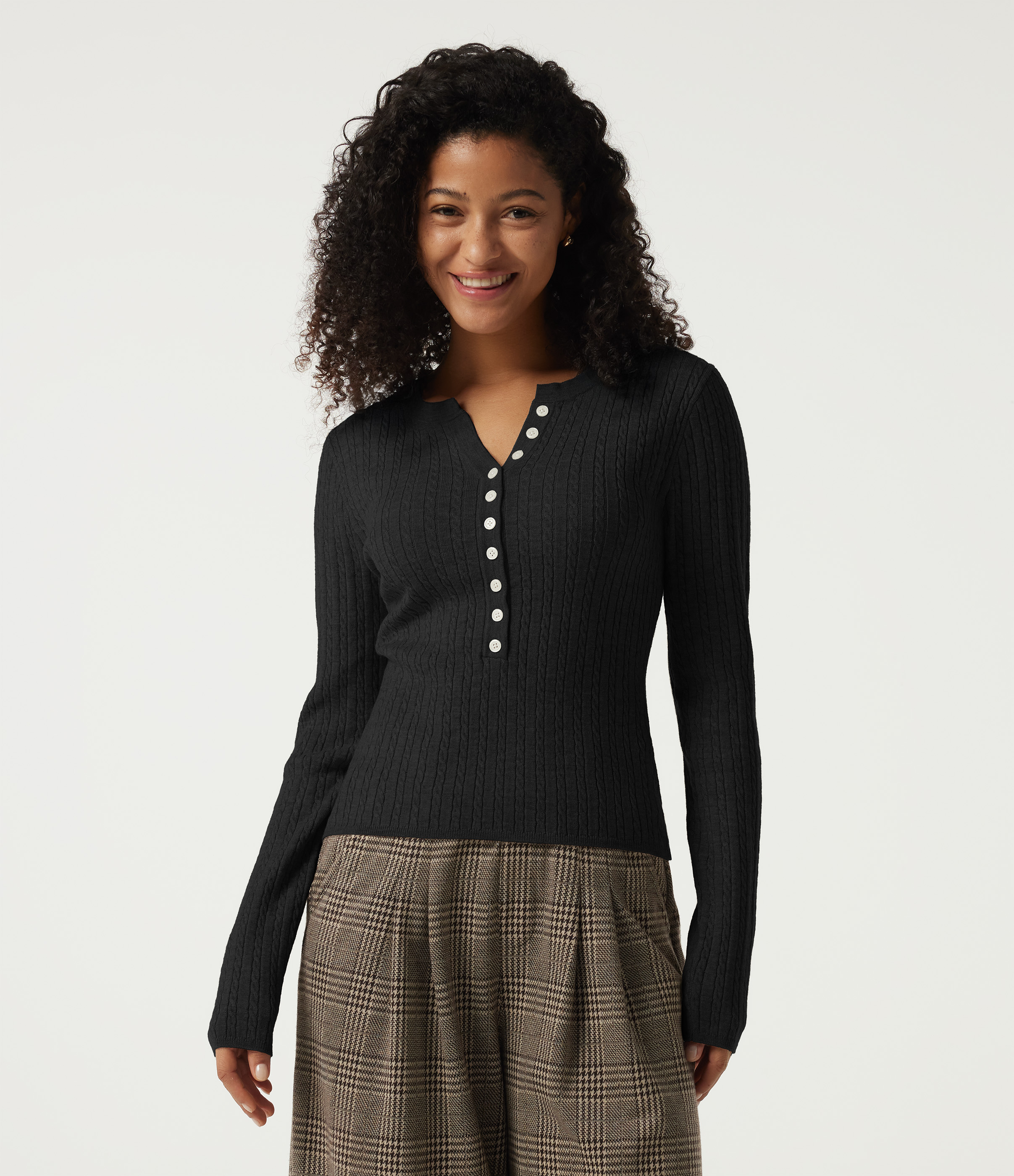 Henley Neck Cable Stitch Long Sleeve Work Sweater