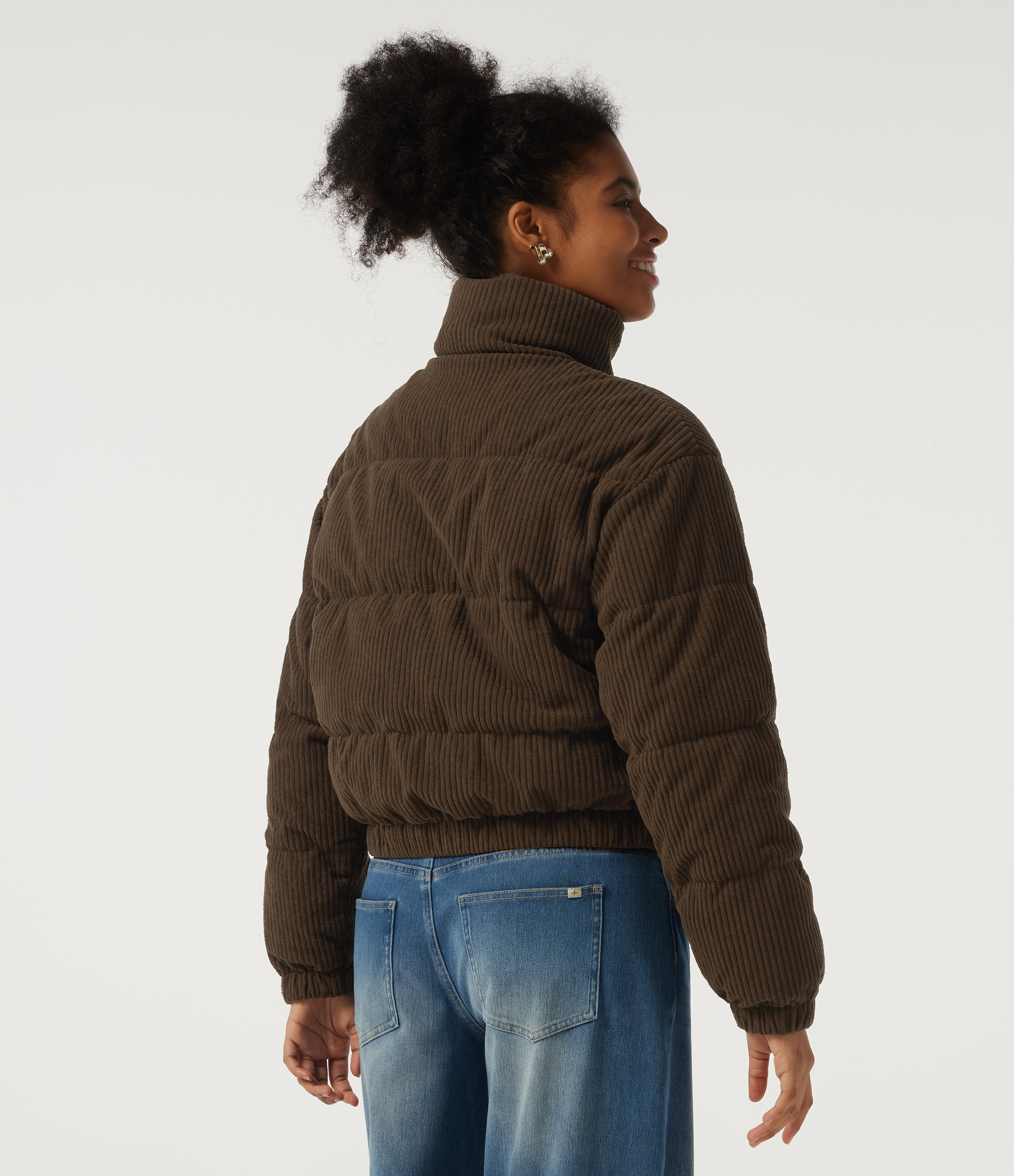 Stand Collar Corduroy Casual Puffer Jacket with Pockets