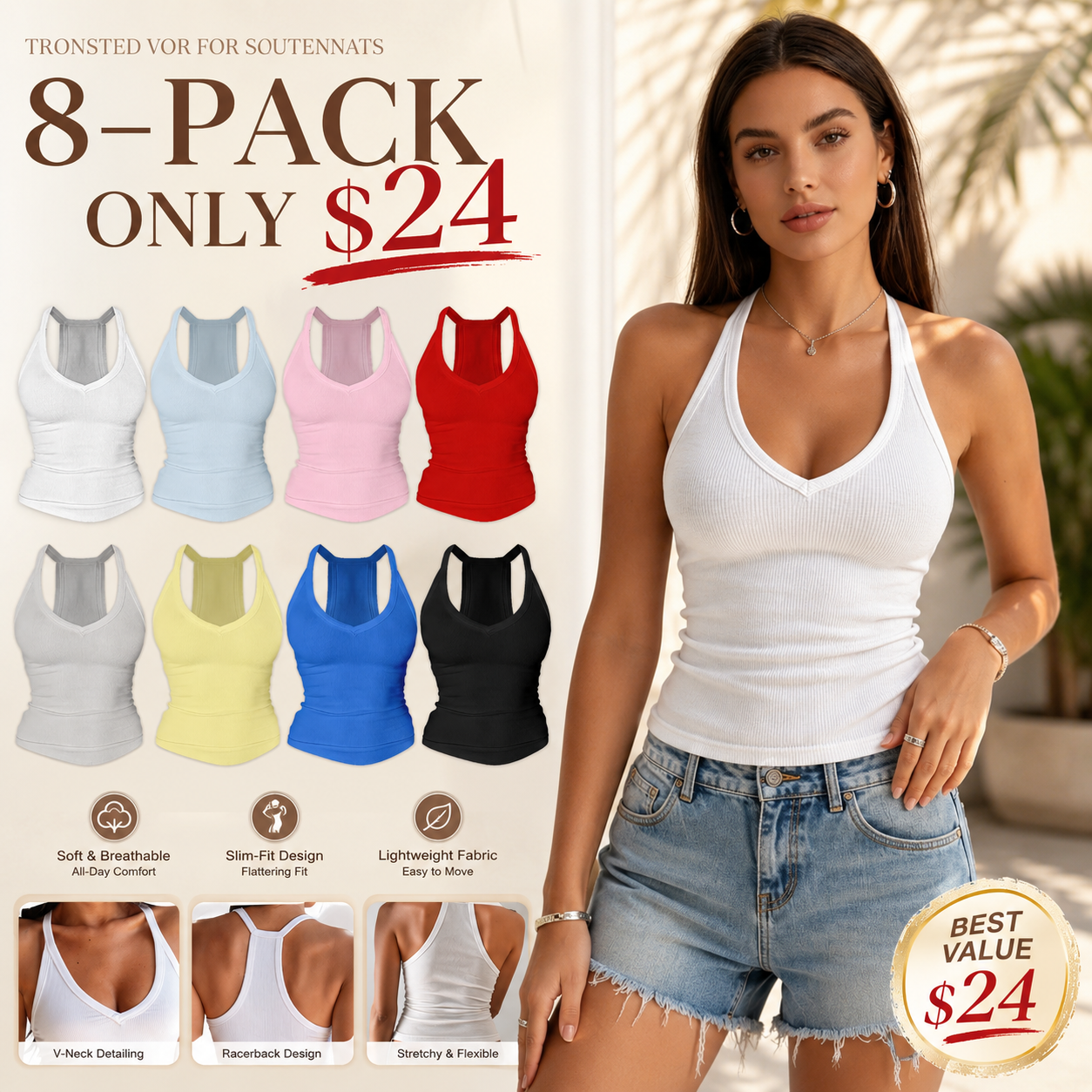 ⚡FINAL SALE⚡ Women’s Built-In Bra Backless Ribbed Tank Top