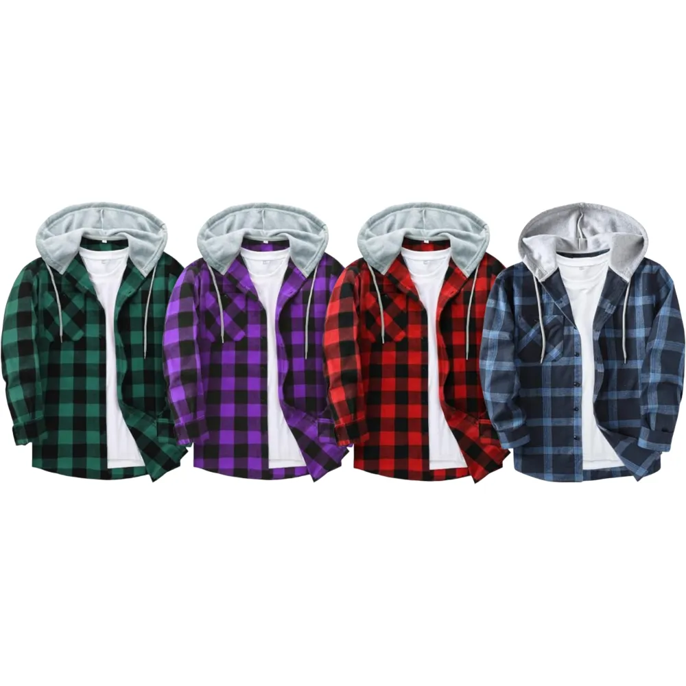 Men’s Plus Size Plaid Patchwork Hooded Jacket – Button Front Casual Outerwear with Pockets