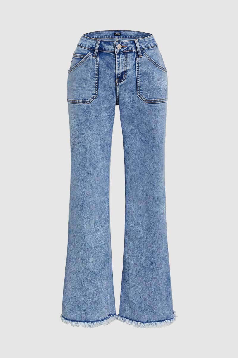 Wash Raw Hem Flap Pocket Wide Leg Low Rise Jeans