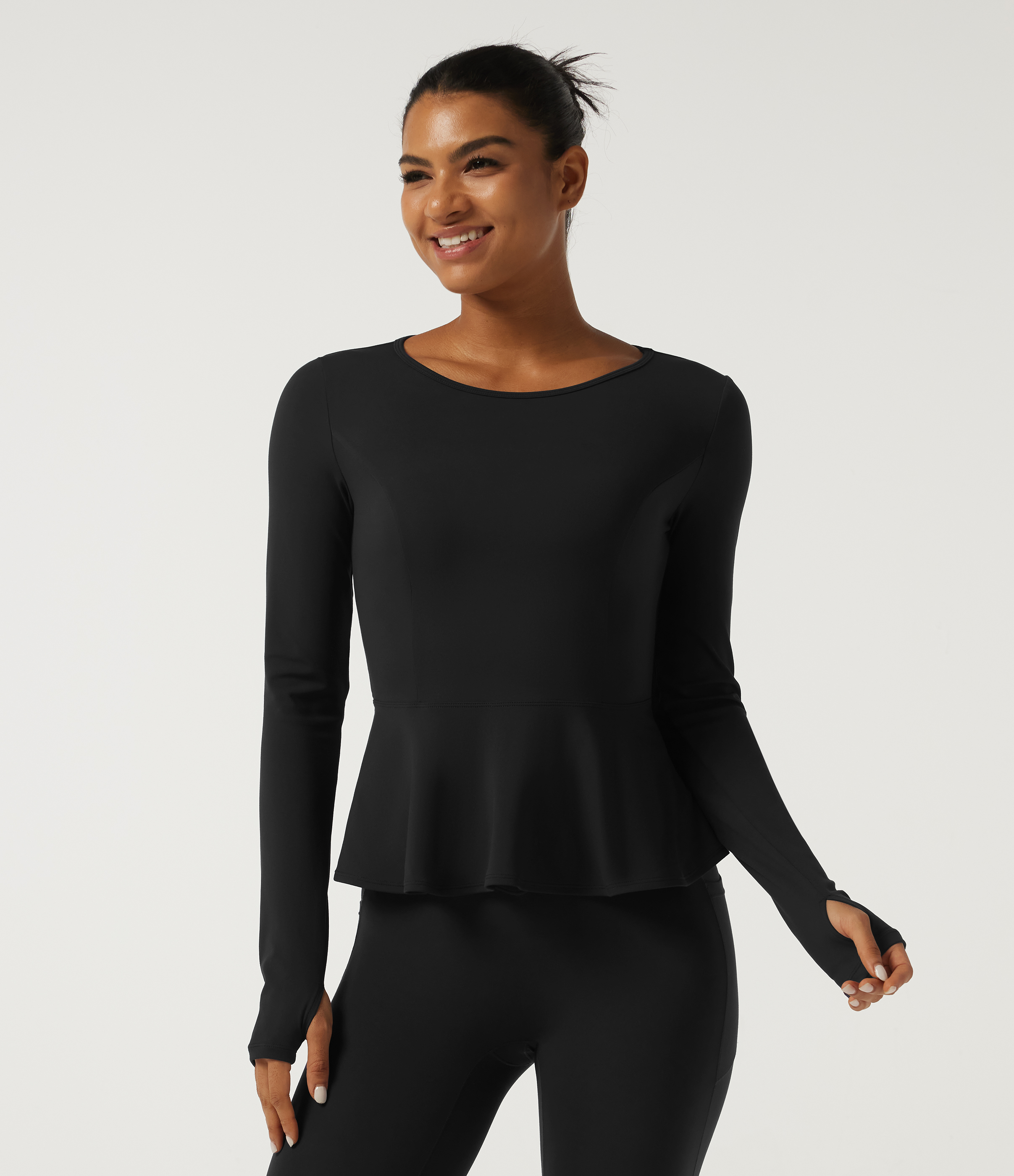 Round Neck Long Sleeve Ruffle Hem Yoga Sports Top with Thumbholes