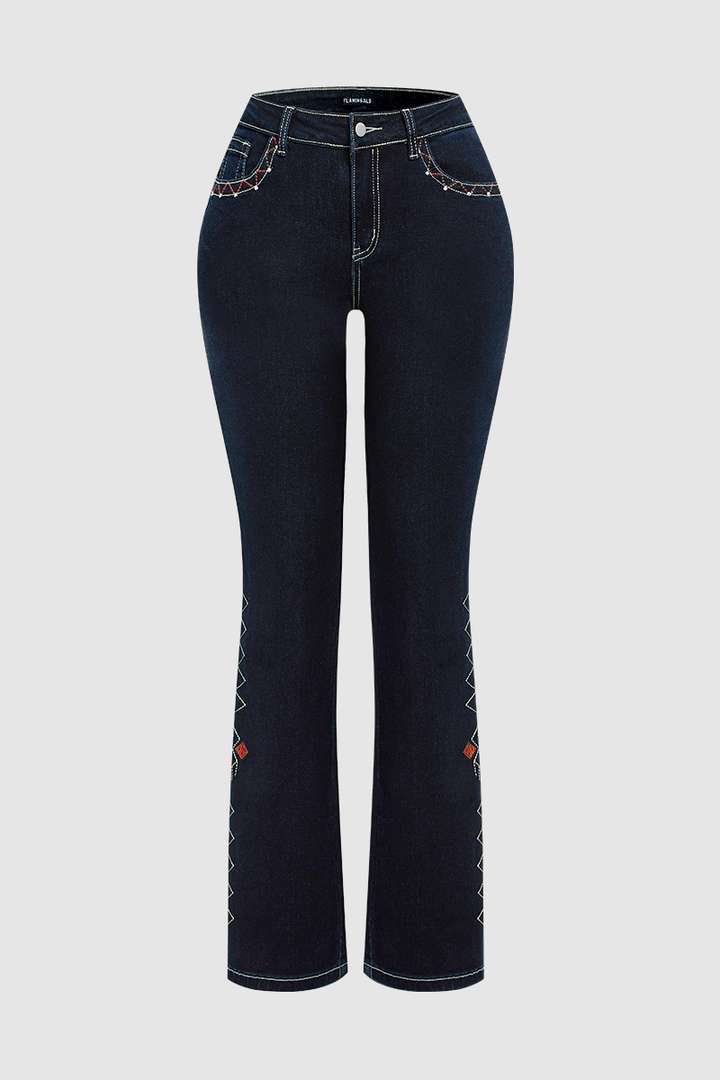 Wash Geo Embroidery Rhinestone Decor Mid Rise Bootcut Jeans Without Belt