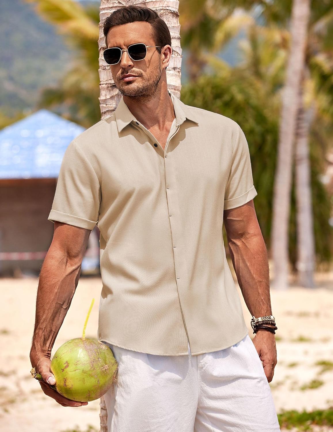 Men's Linen Shirts Short Sleeve Casual Shirts Button Down Shirt for Men Beach Summer Wedding Shirt
