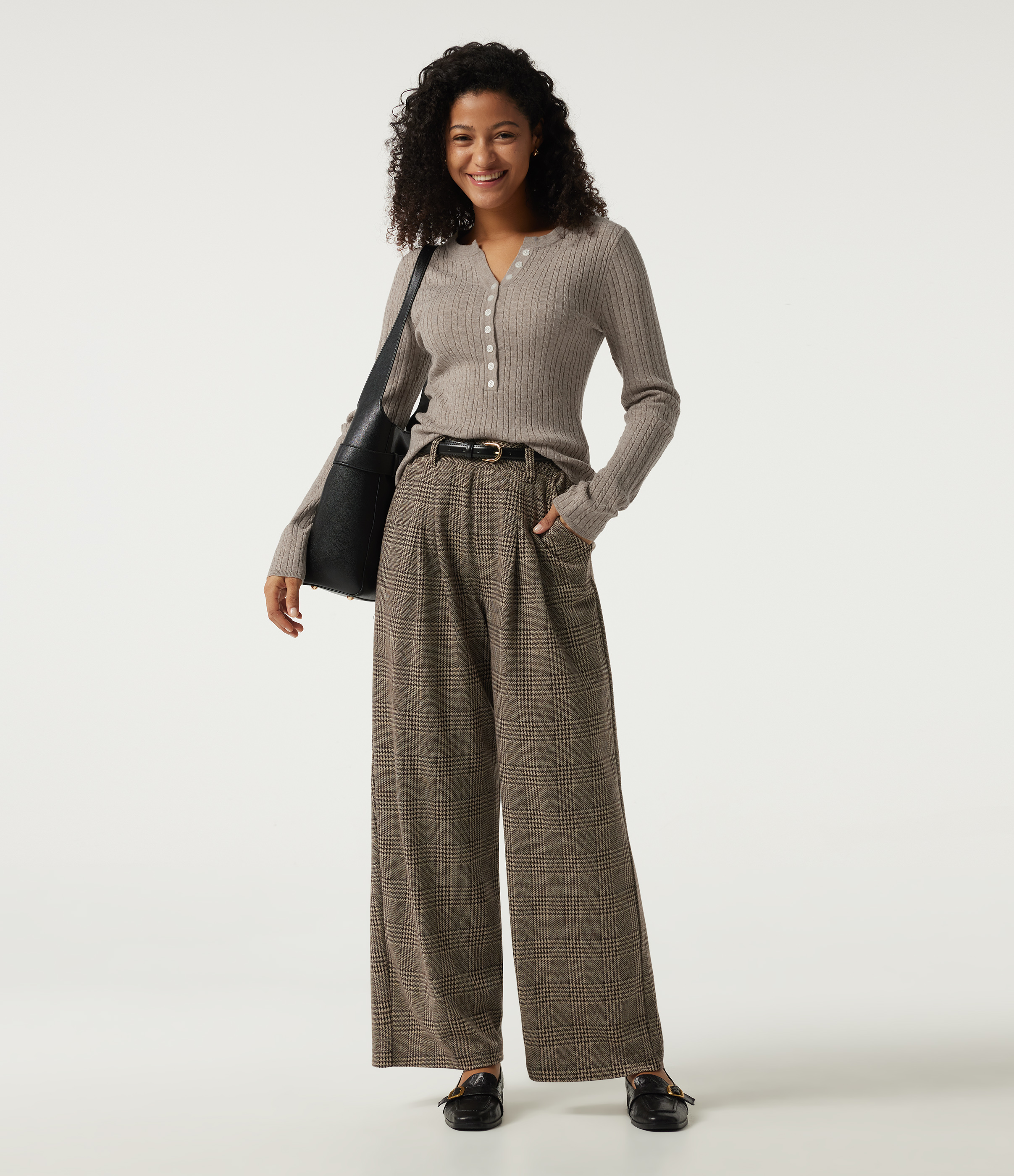 Henley Neck Cable Stitch Long Sleeve Work Sweater