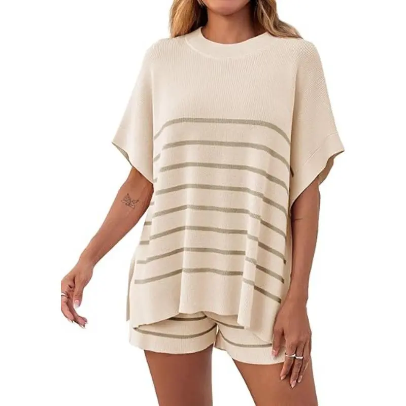 ⏰24HR 90% OFF🔥 Women's Striped 2 Piece Outfits Oversized Batwing Short Sleeve Tops High Waisted Shorts Summer Knit Lounge Short Sets