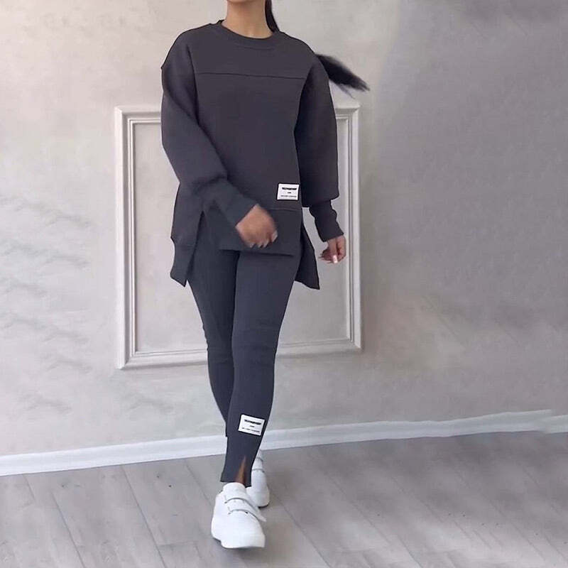 🎉Christmas Deals🎉Women's Casual Solid Color Round Neck Long Sleeve Slit Hem Sweatshirt Leggings Set